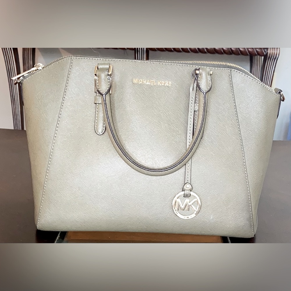 olive green Large Ciara bag top zip satchel bag with gold hardware w/ strap